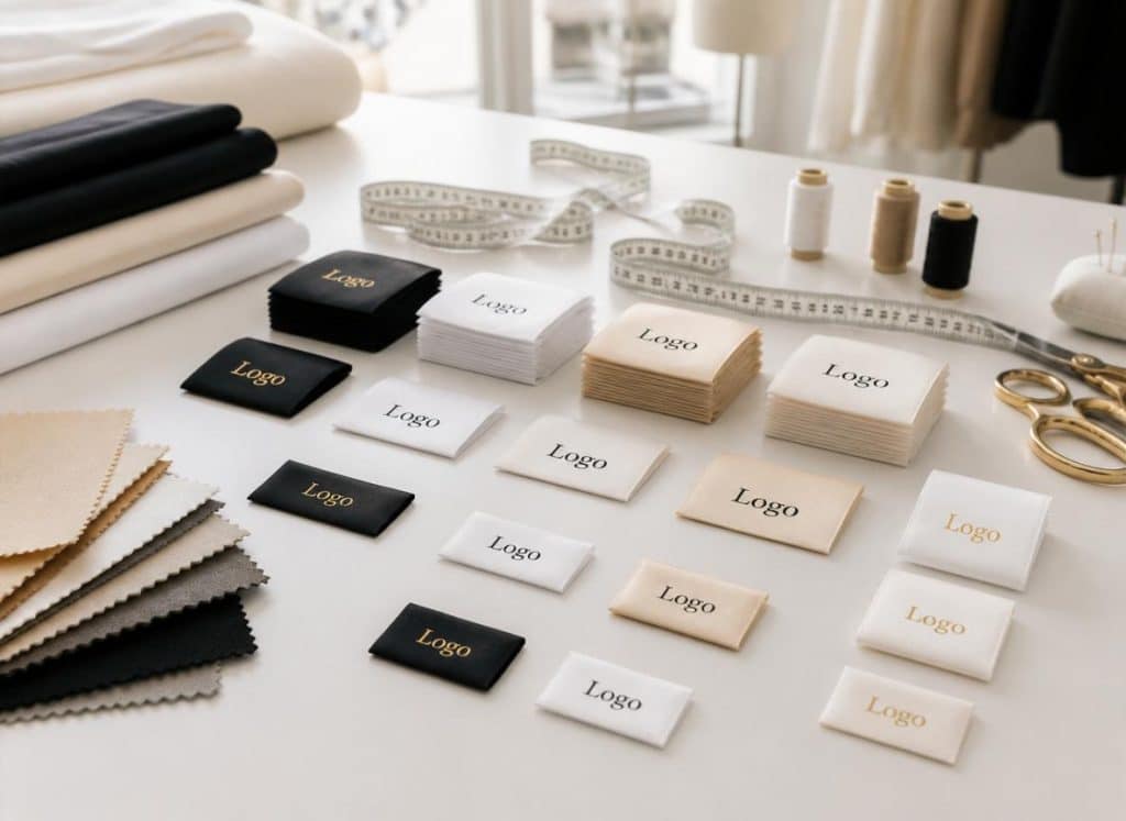 Premium custom satin clothing labels in Dubai featuring a luxury fashion brand logo stitched onto a garment.