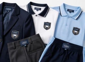 Woven labels stitched on UAE school uniforms with custom school logo branding