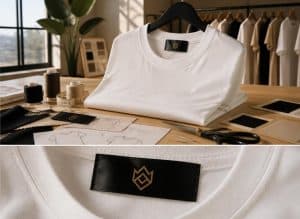 Premium satin label stitched inside a high-quality cotton T-shirt for fashion branding in Dubai.